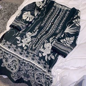 Black and white floral cotton kurti with sequins